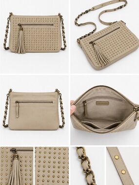 Taupe Studded Tassel Crossbody Bag with Chain Strap